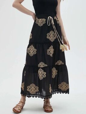 MADE IN ITALY Black Embroidered Tiered Maxi Skirt with Tassel Tie